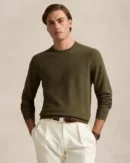 Cotton pique crew neck sweater - Olive cargo mottled