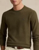 Cotton pique crew neck sweater - Olive cargo mottled
